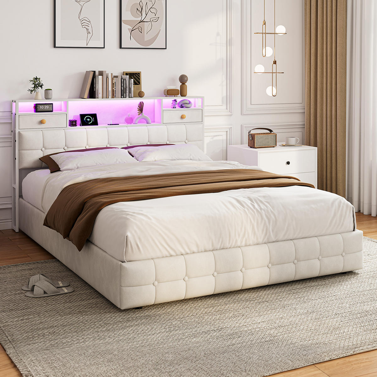 POLSTERBETT 160x200 cm mit 4 Schubladen, LED und USB-/Typ-C-Anschlüsse, Samt in Beige - Beige, Holz (160/200cm) - BRILVERDE