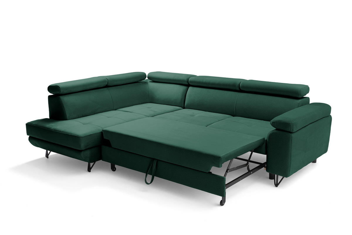 ECKSOFA JUNIOR L Links mit Schlaffunktion 194x128 Velours Dunkelgrün - Dunkelgrün/Schwarz, Holz/Textil (249/184cm) - Muffo