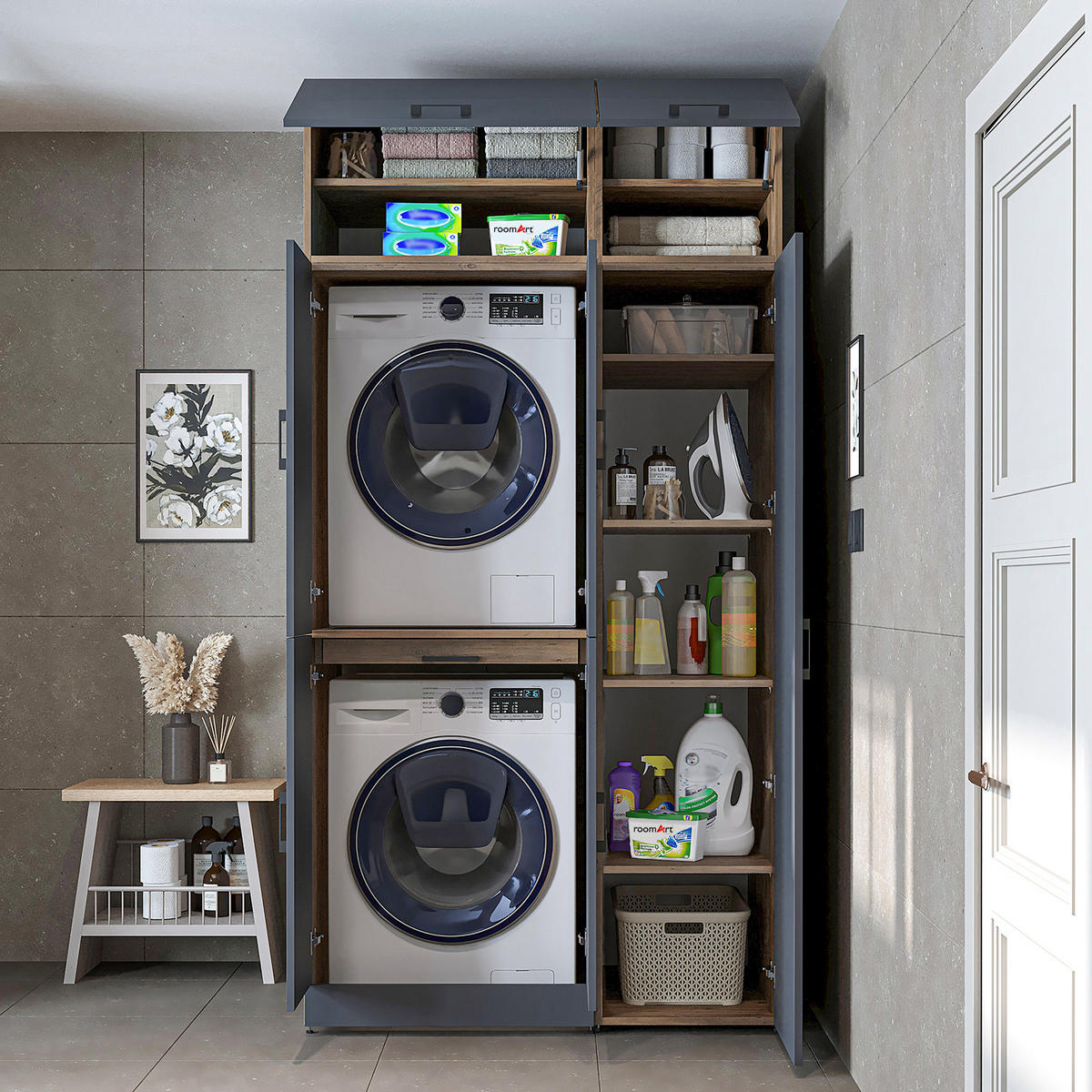 WASCHMASCHINENSCHRANK DORA-I 115cm Breit, 230cm Hoch - Anthrazit, Holzwerkstoff (115/230/73.8cm)