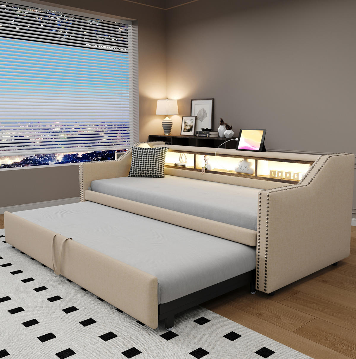 SCHLAFSOFA 90/190 cm ausziehbar auf 180/190 cm mit LED, USB und Ablagefächern, Leinenstoff, Beige - Beige, Textil (102/74/203.5cm) - Redom