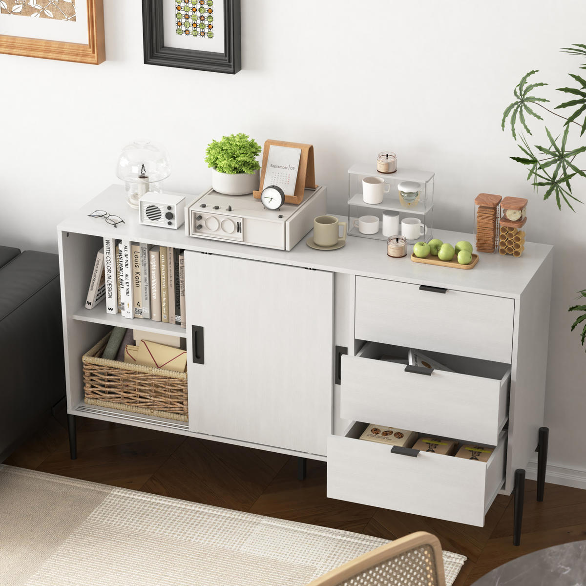 SIDEBOARD aus Holzwerkstoff 155x40x91 cm Weiß mit geriffeltem Glas, 3 Schubladen und 2 Türen, klassisches Design - Weiß, Holzwerkstoff (155/91.5/40cm) - Modfu