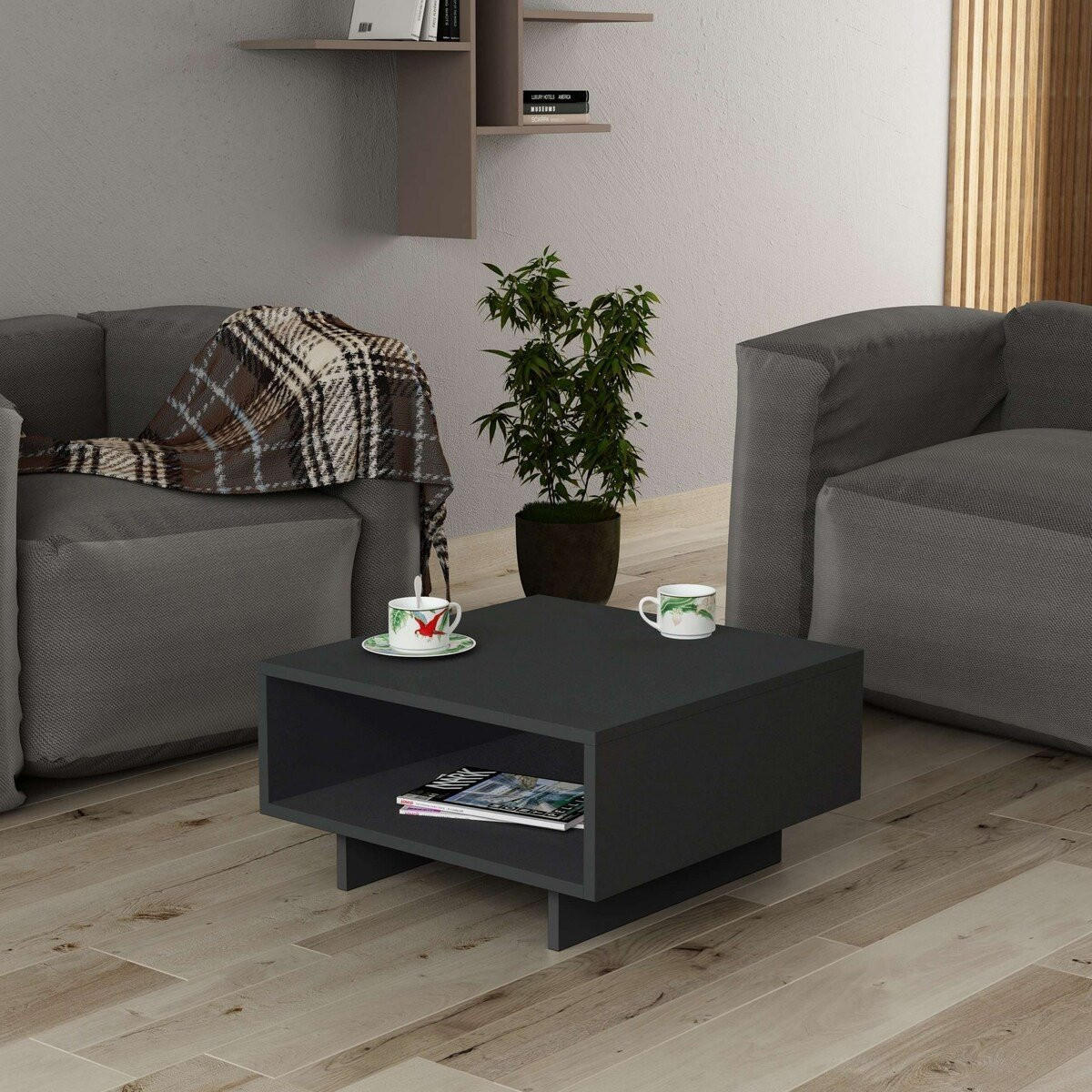 COUCHTISCH mit 1 Regal L60 cm - Hola - Anthrazit, Holzwerkstoff (60/60/32cm) - Calicosy
