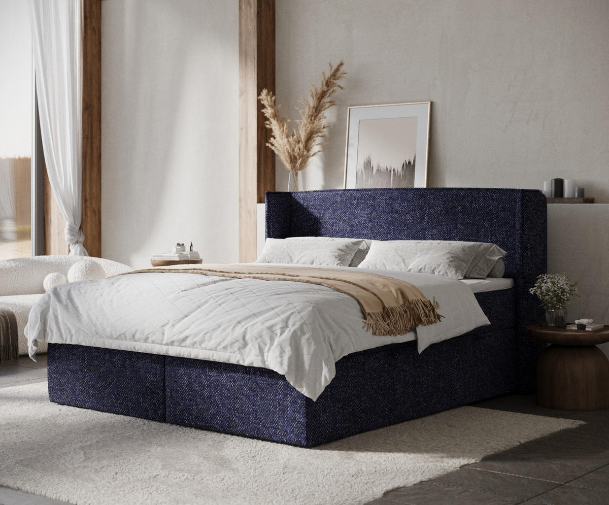 BOXBETT Skyline Marineblau 180/200 cm mit Matratze und Topper - Schwarz/Dunkelblau, Holz/Holzwerkstoff (180/200cm) - Maison de Reve