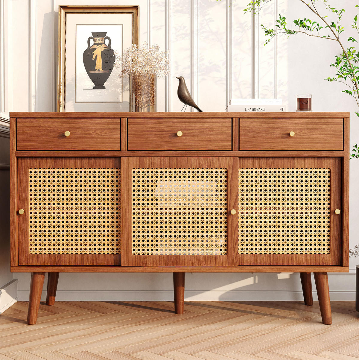 SIDEBOARD 120/40/78 cm in Walnuss mit 3 Schubladen, 3 Schiebetüren und Rattangeflecht - Eichefarben, Holzwerkstoff (120/78/40cm) - Flora Grace