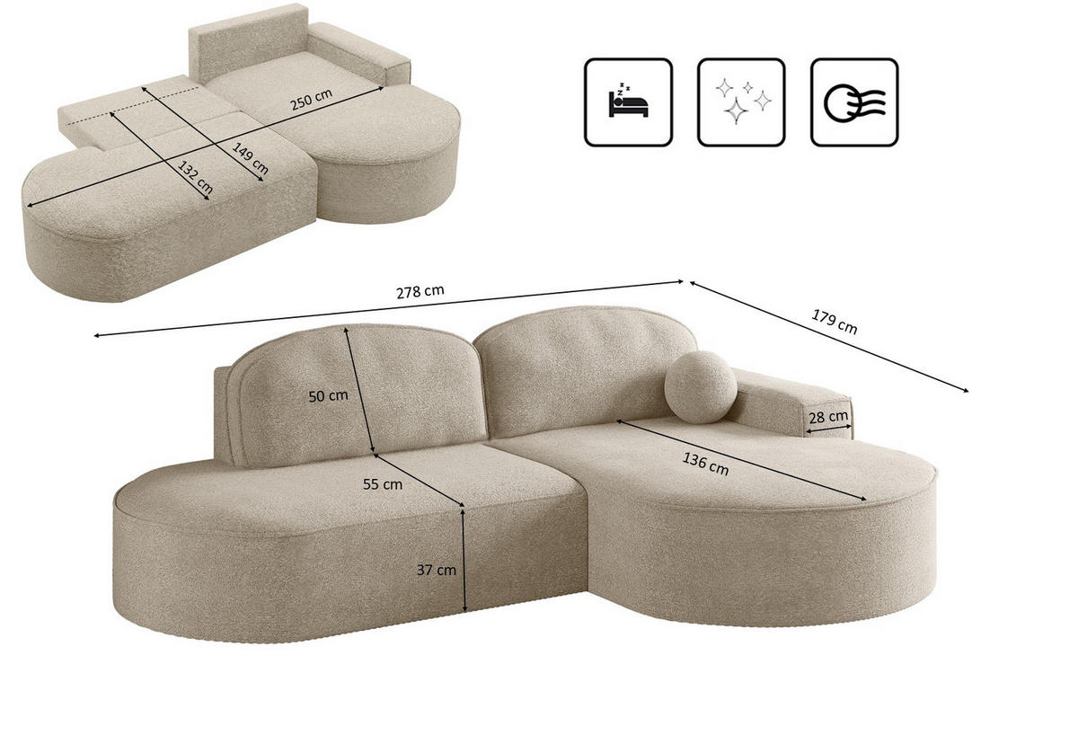 ECKSOFA mit Schlaffunktion und Bettkasten Modena Runden stoff Arena Beige Rechts - Beige, Holz (278/179cm) - Kaiser Möbel