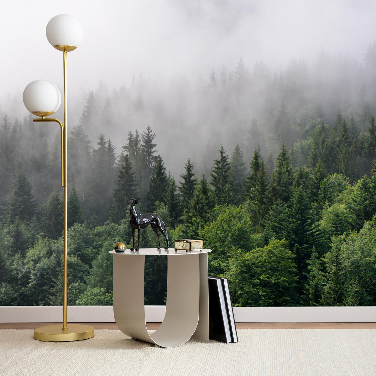 FOTOTAPETE für Wohnzimmer Nadelbäume Nebelwald Grün 200x140 - Grau/Grün, Papier (200/140cm) - Muralo