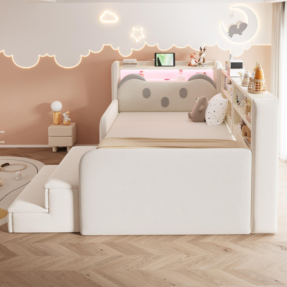 POLSTERBETT 90*200 cm mit LED, USB und Schublade, Beige - Beige, Textil (90/200cm) - FLIEKS