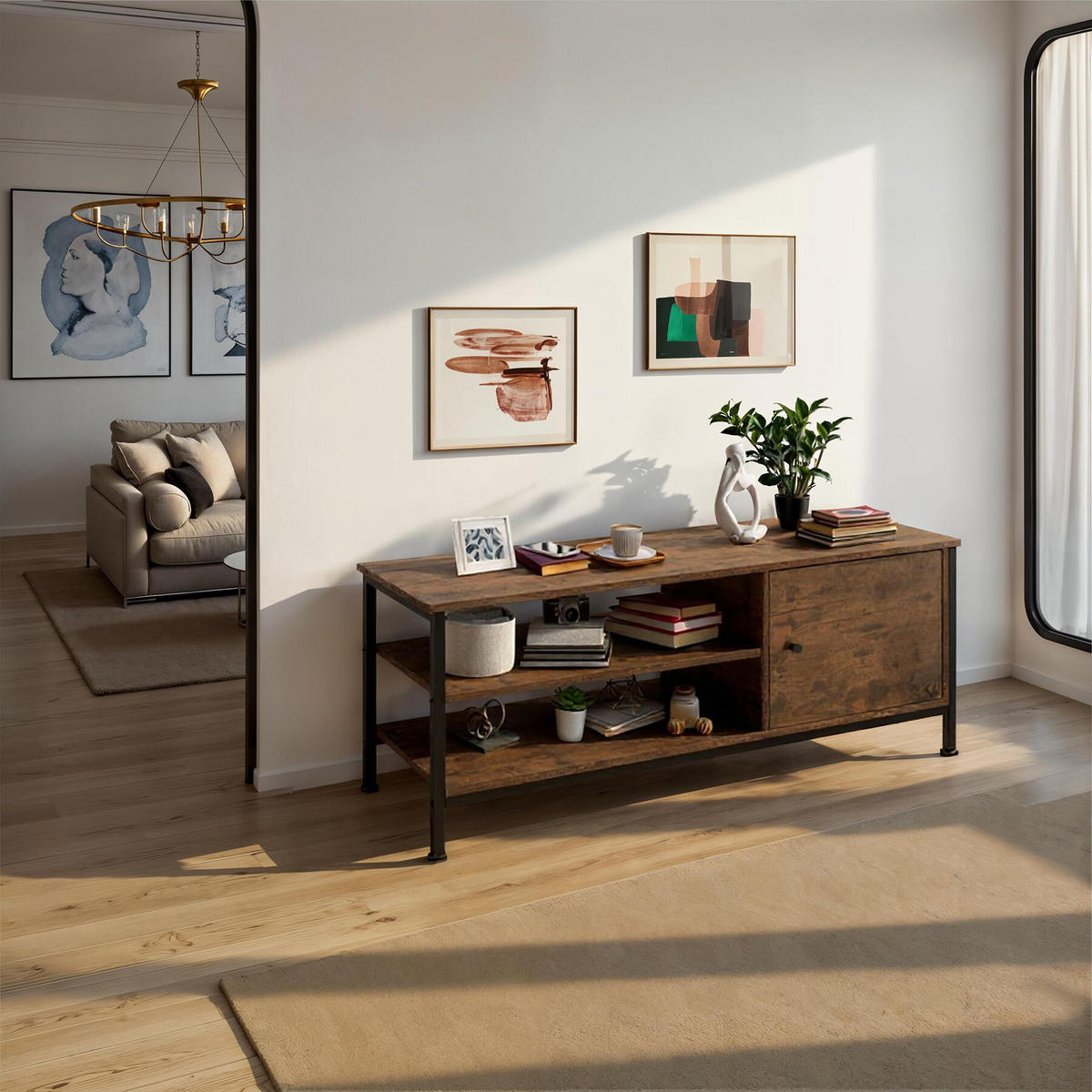 TV-REGAL Durban,110 x 40 x 45,5 cm,Industrial Holz dunkel, rustikal - Rostfarben, Holzwerkstoff (40/45.5/110cm) - tectake