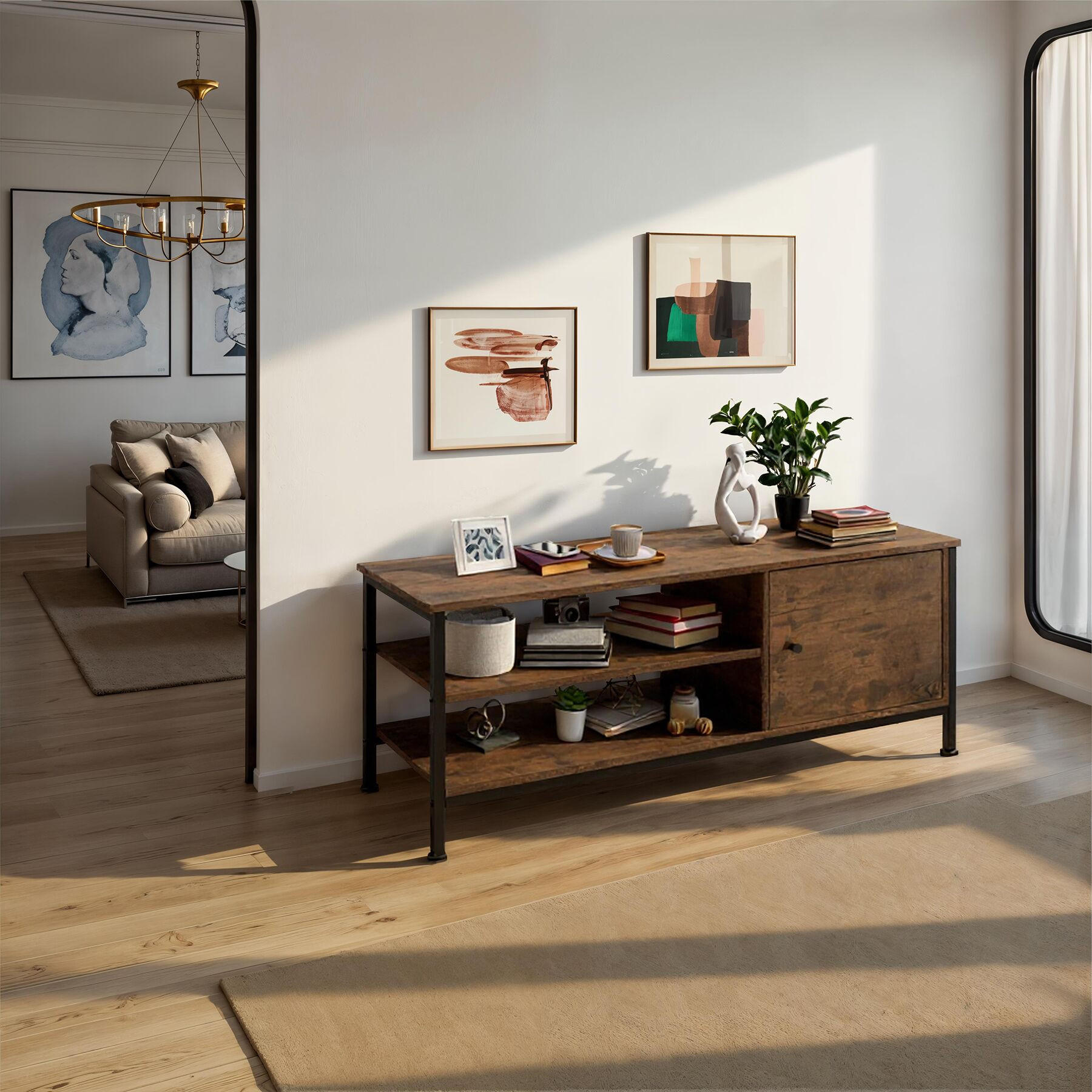 Thumbnail - tectake Tv-Regal, Rost, Holzwerkstoff, Beton Optik, Rechteckig, 40x45.5x110 cm, Wohnzimmer, Wohnwände, Lowboards, Lowboa...