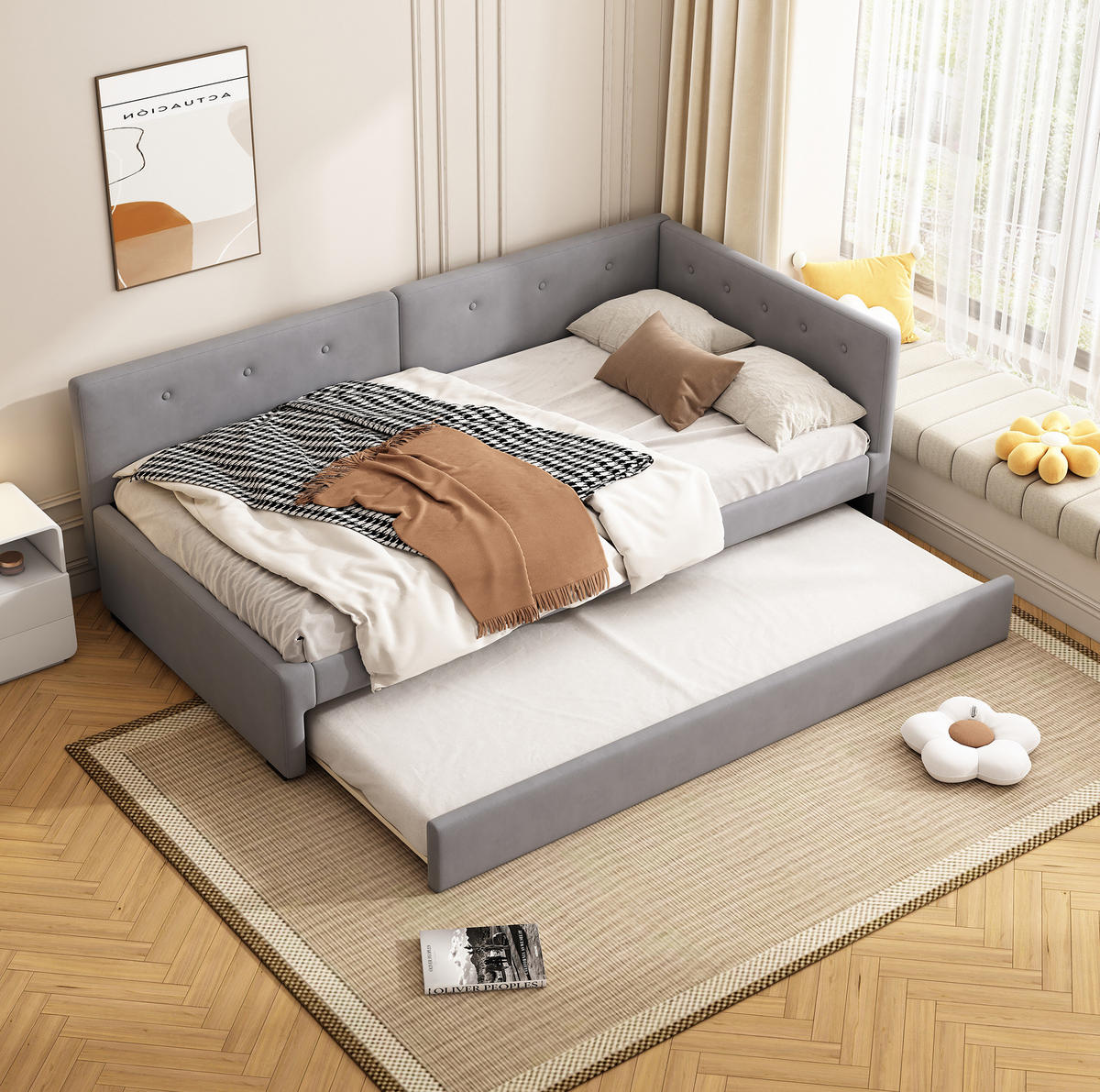 TAGESBETT aus Samt 90x200 cm Grau mit ausziehbarem Rollbett und Lattenrost, platzsparendes Design - Grau, Textil (90/200cm) - Modfu