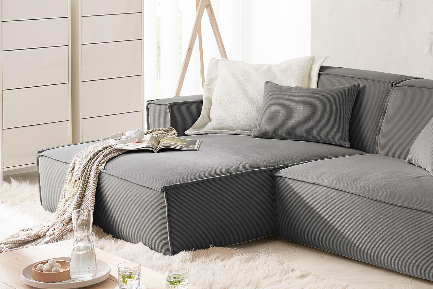 ECKSOFA SAMU Anthrazit Cord - Anthrazit/Schwarz, Textil (276/168cm) - KAWOLA