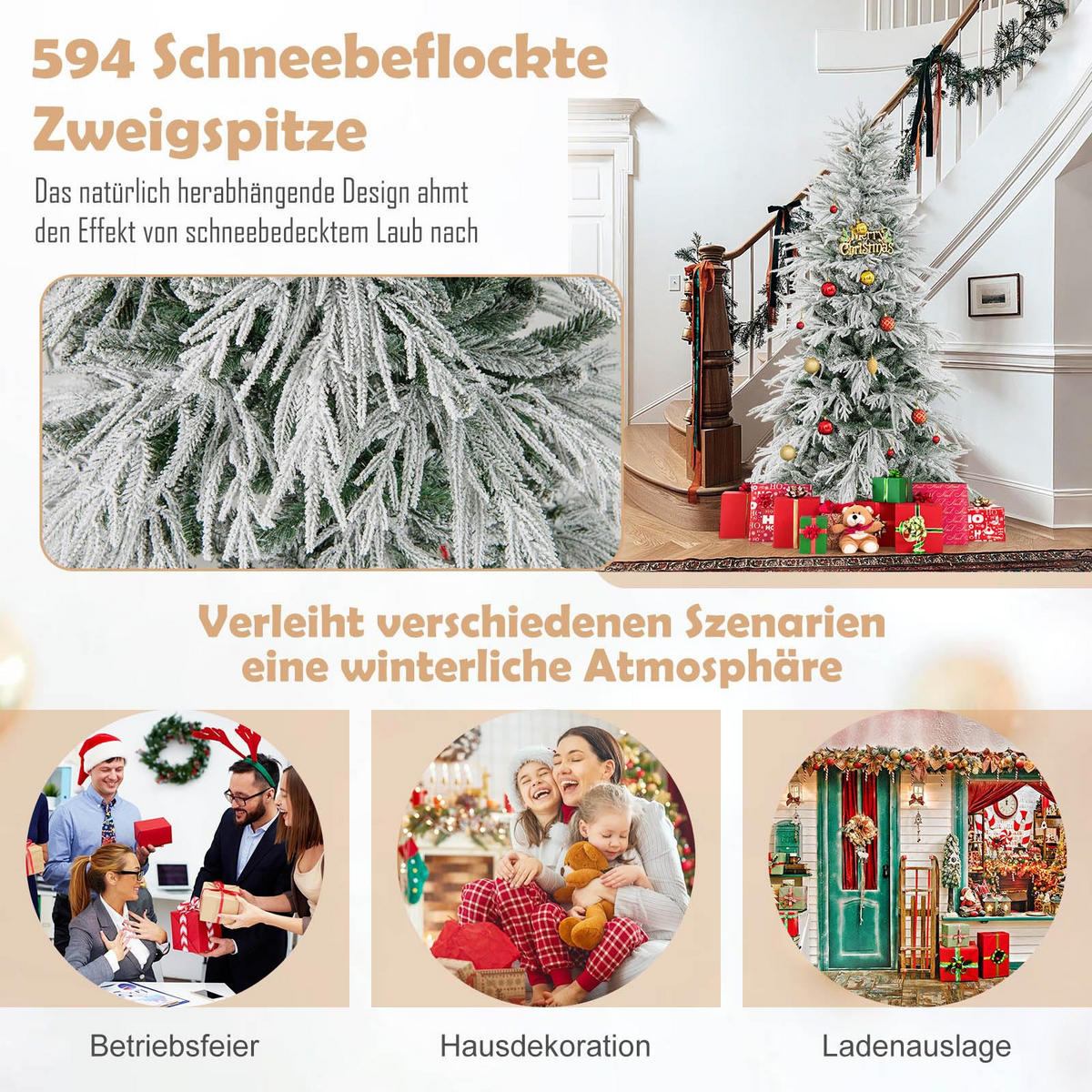 WEIHNACHTSBAUM Tannenform mit 250 warmweißen LED-Lichtern und Schnee 180 cm grün - Grün, Metall (180cm) - COSTWAY