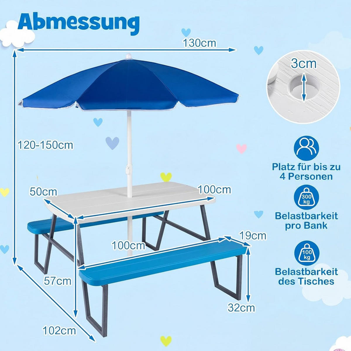 KINDERSITZGARNITUR mit Sonnenschirm blau - Blau, Kunststoff - COSTWAY
