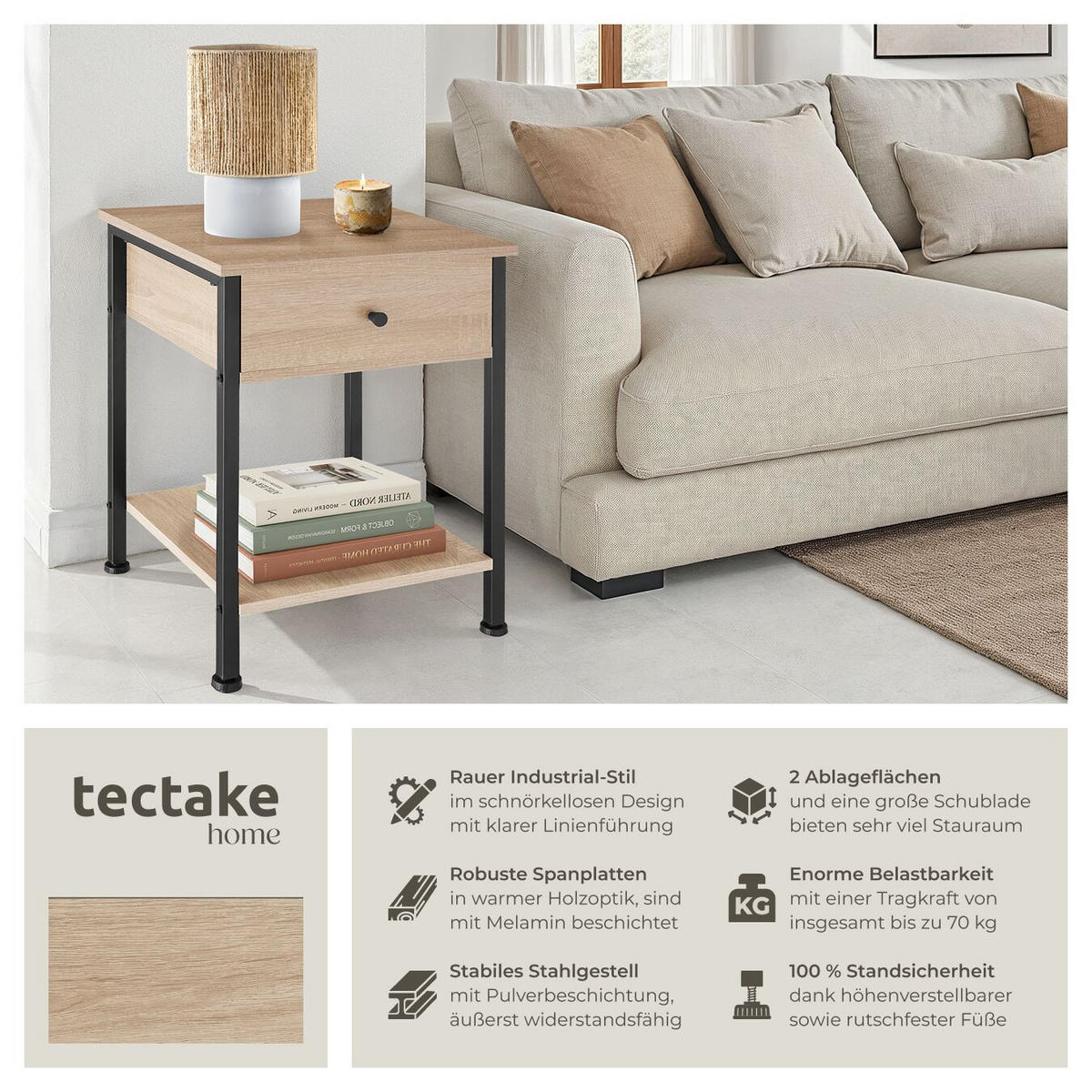 NACHTSCHRANK Bradford, 40 x 40 x 55,5 cm, Industrial Holz hell, Eiche Sonoma - Naturfarben, Holzwerkstoff (40/55.5/40cm) - tectake