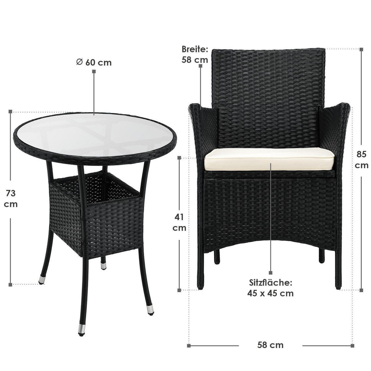 BALKON-SET Bayamo Polyrattan schwarz/beige (3-tlg.) - Schwarz, Kunststoff - Juskys