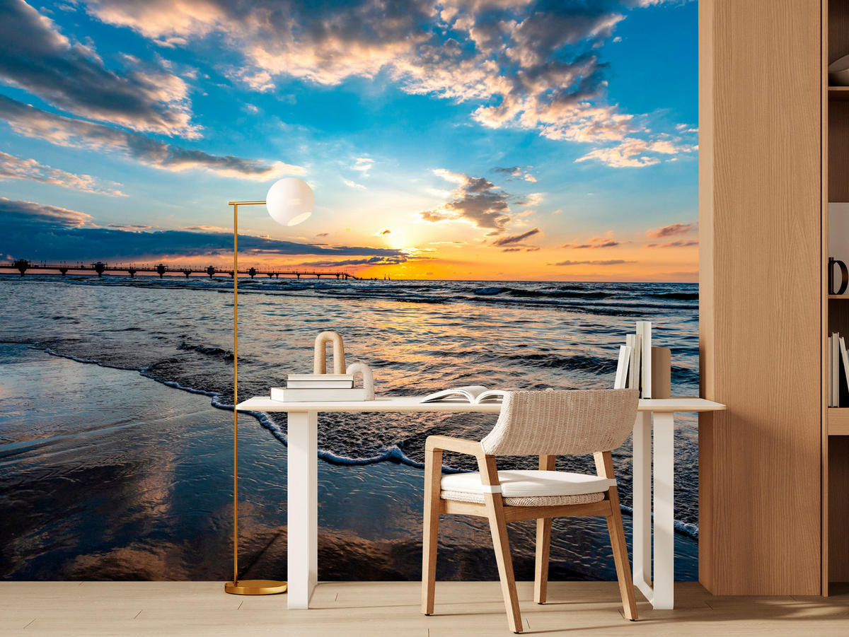 FOTOTAPETE für Wohnzimmer Sonnenuntergang Pier Romantik Meer 400x280 - Blau/Gelb, Papier (400/280cm) - Muralo