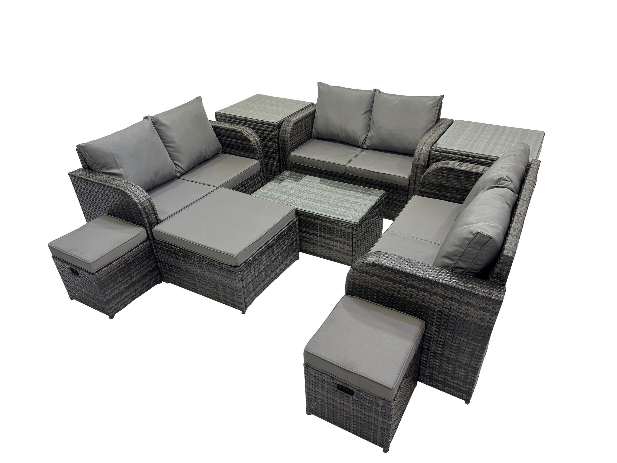 GARTENMÖBELGARNITUR mit KISSEN Polyrattan Dunkelgrau 9-Sitzer - Dunkelgrau/Grau, Glas/Kunststoff - Fimous