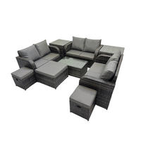 GARTENMÖBELGARNITUR mit KISSEN Polyrattan Dunkelgrau 9-Sitzer - Dunkelgrau/Grau, Glas/Kunststoff - Fimous