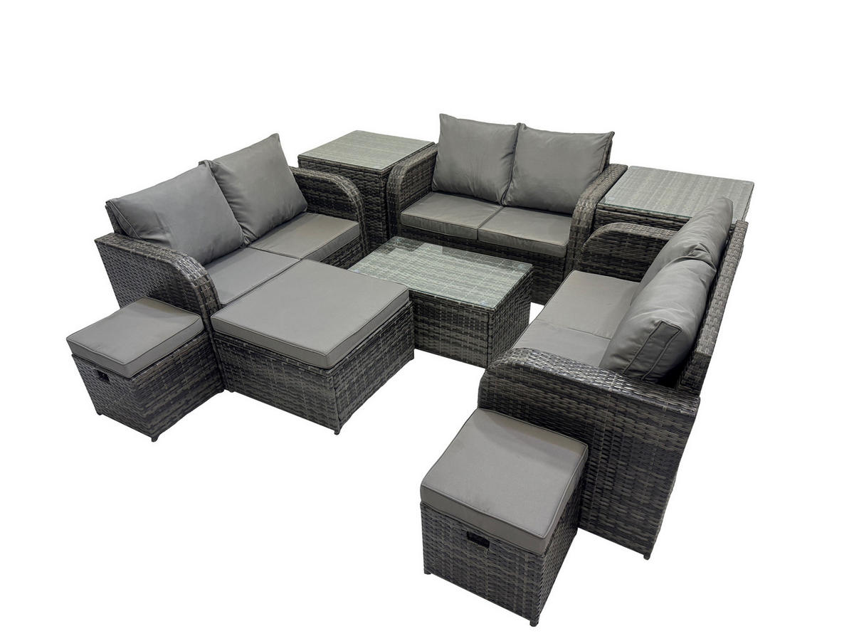GARTENMÖBELGARNITUR mit KISSEN Polyrattan Dunkelgrau 9-Sitzer - Dunkelgrau/Grau, Glas/Kunststoff - Fimous
