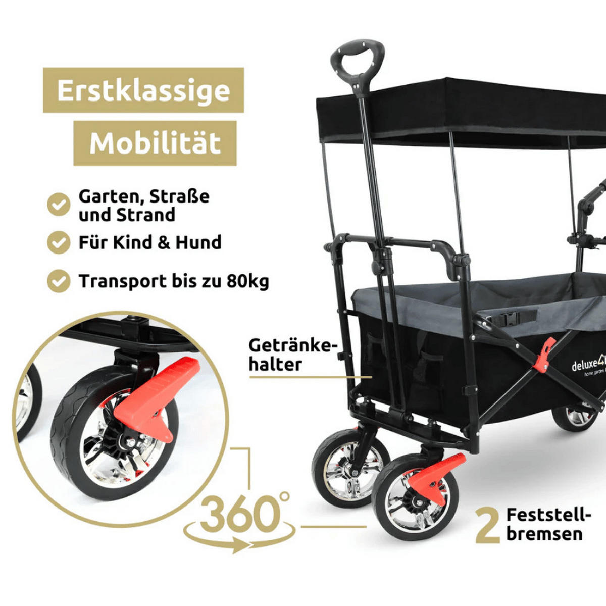 BOLLERWAGEN faltbar mit Dach REGGI Schwarz - Schwarz, Metall (128/112/56cm) - DELUKE