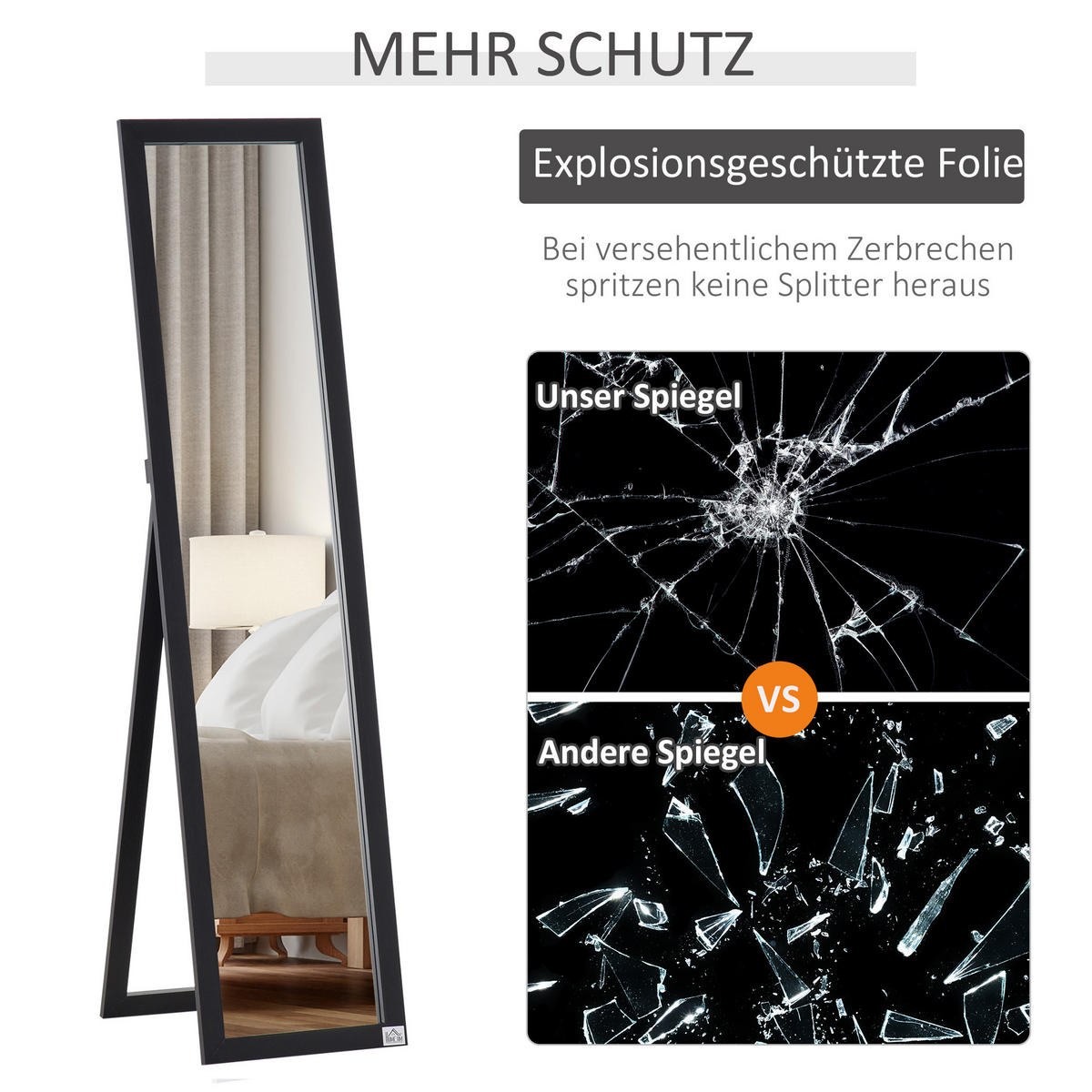 GANZKÖRPERSPIEGEL, 154 x 37 cm Wandspiegel mit Ständer, Schwarz - Schwarz, Holzwerkstoff (37/154/37cm) - HOMCOM