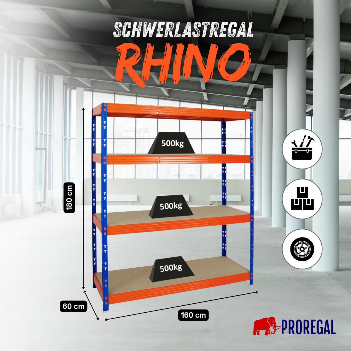 SCHWERLASTREGAL Rhino 180x160x60 cm 4 Spanplatten-Ebenen 16mm Fachlast 500 kg Blau/Orange - Blau/Orange, Metall (160/180/60cm) - PROREGAL