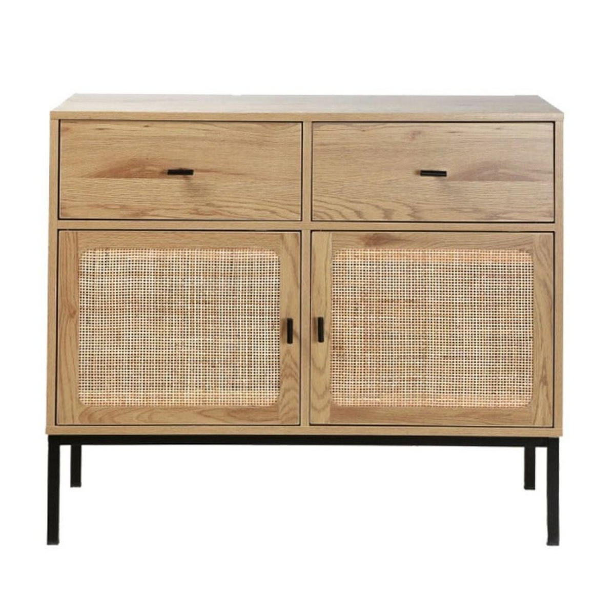 KOMMODE 2 Türen und 2 Schubladen mit Rattangeflecht - L90cm - Eichefarben, Holzwerkstoff (39/79/90cm) - Calicosy