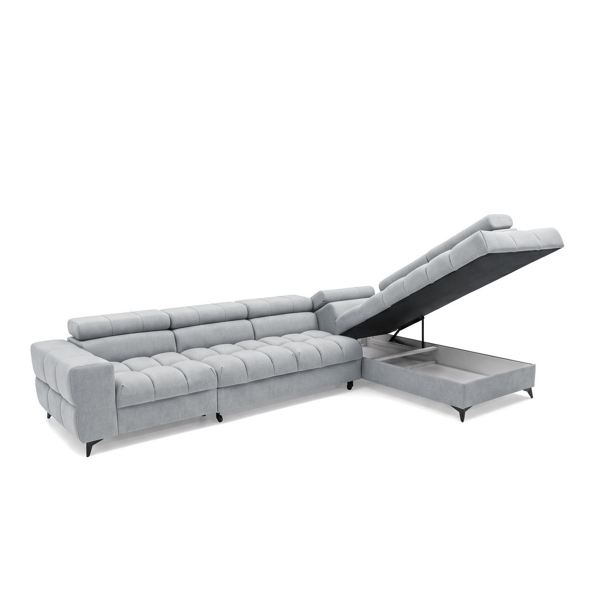 ECKSOFA PUDDING MAXI L Rechts mit Schlaffunktion 125x195 Velours Hellgrau - Hellgrau/Schwarz, Holz/Textil (350/203cm) - Muffo