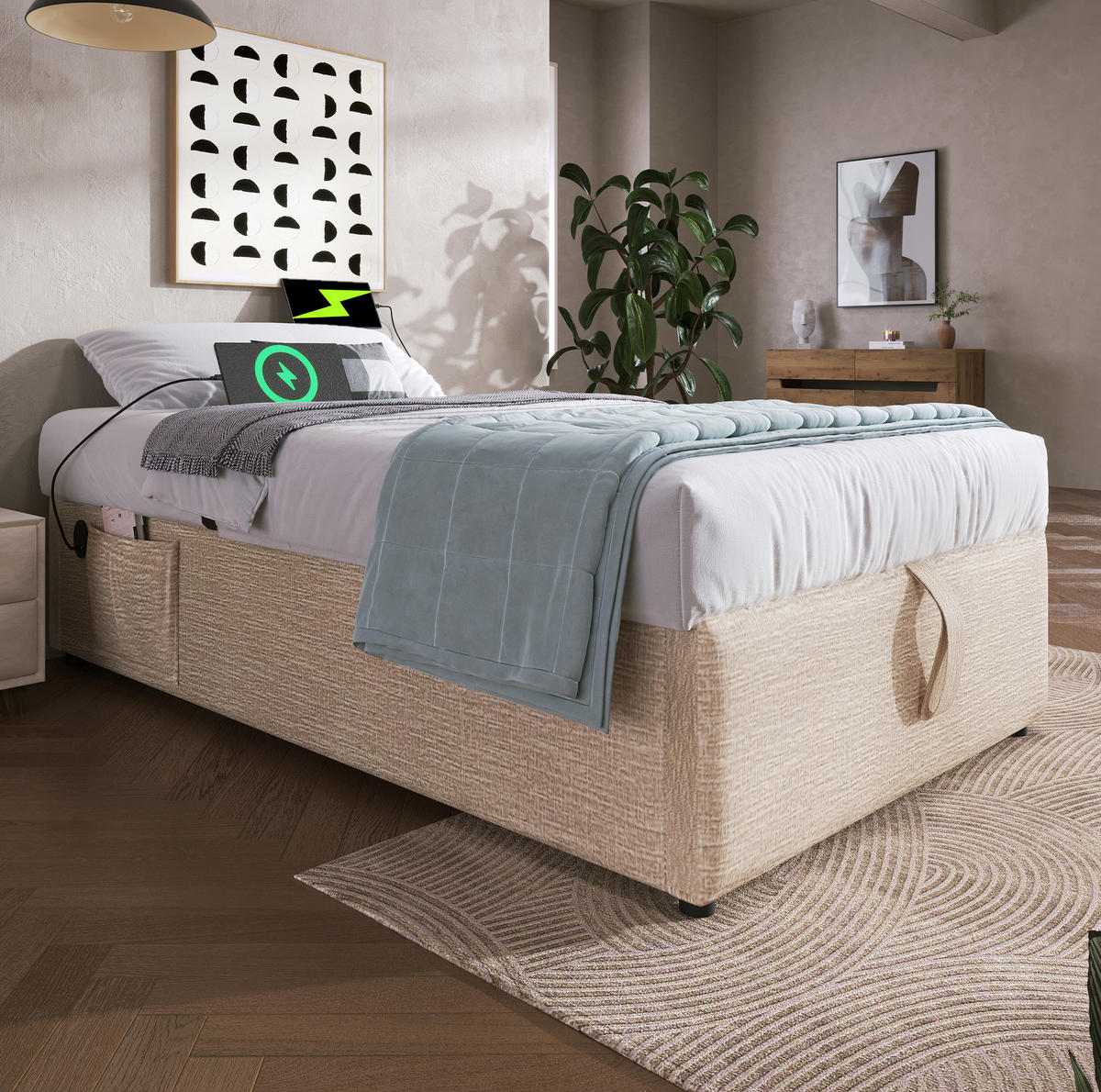 BETT mit Stauraum 90x200 cm Leinen Beige+Natural - Beige, Metall (90/200cm) - Meubliv