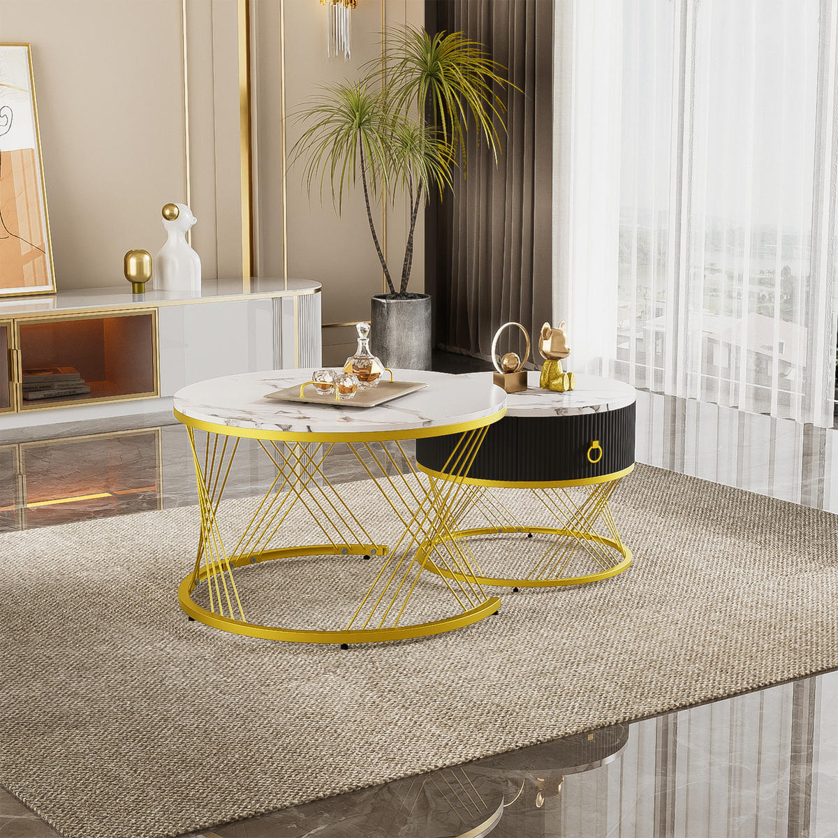 COUCHTISCH Weiß/Gold 2er-Set 70/70/45 cm und 50/50/40 cm - Weiß, Holzwerkstoff (70/70/45cm) - PANGIVO