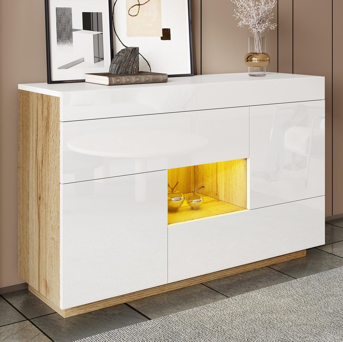 KOMMODE aus Spanplatte 120x76,5x37cm in Weiß mit LED-Lichtstreifen - Weiß, Holzwerkstoff (120/37/76.5cm) - Modfu
