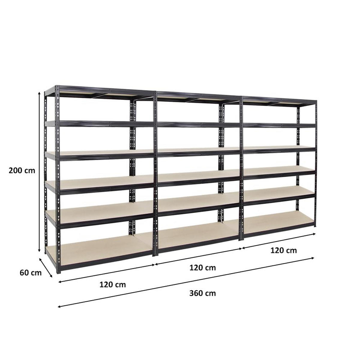 SCHWERLASTREGAL Giant Tiger 3er-Set mit 3x 200x120x60 cm Fachlast 265 kg 6-Ebenen Schwarz - Schwarz, Metall (360/200/60cm) - PROREGAL