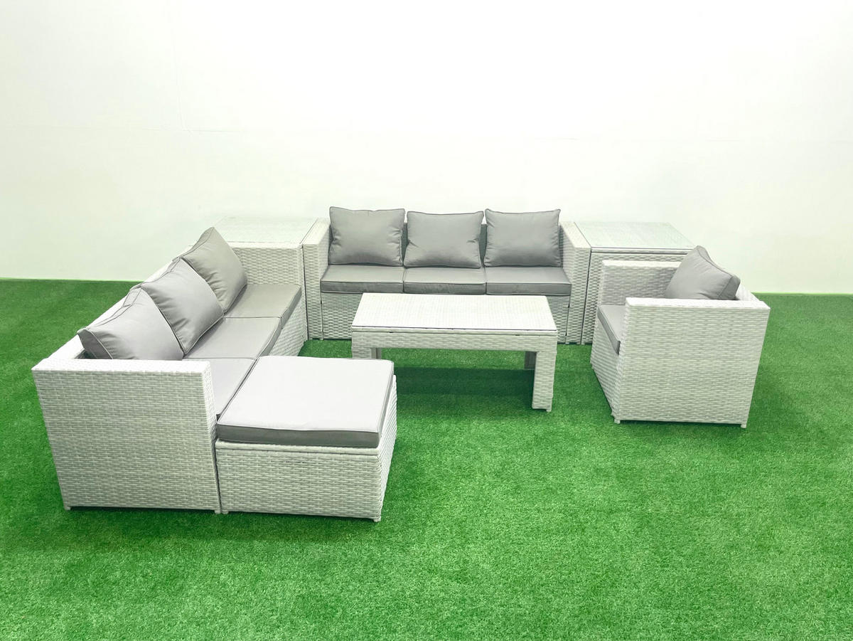GARTENSOFA hohe Rückenlehne Polyrattan Hellgrau-Mix 8-Sitzer - Hellgrau/Grau, Glas/Kunststoff - Fimous