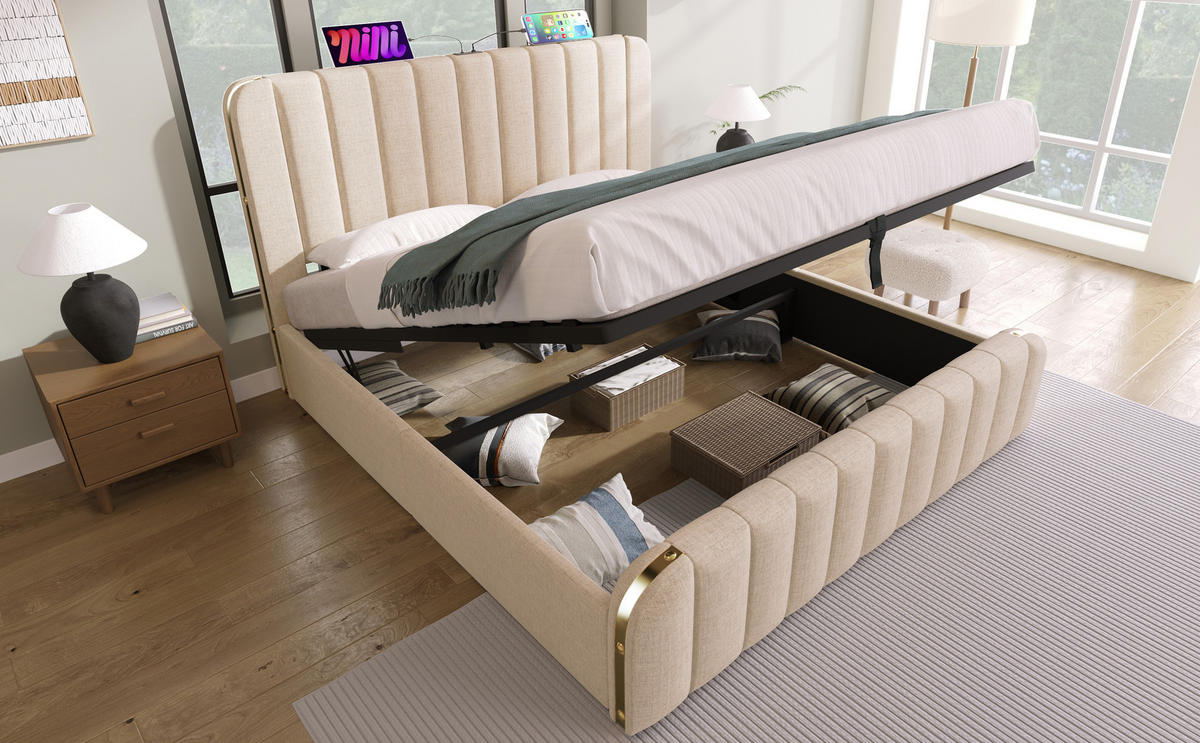 POLSTERBETT 180/200 cm in Beige Leinen mit Stauraum, USB und Type-C - Beige, Holzwerkstoff/Textil (180/200cm) - WISHDOR