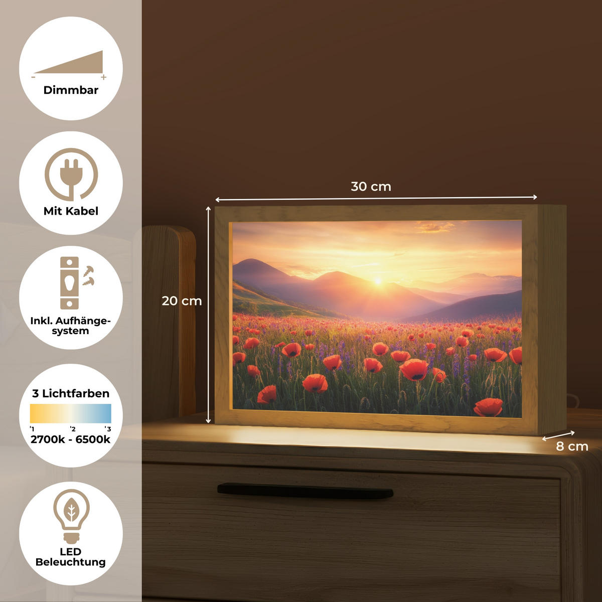 WANDLEUCHTE Landschaft - Sonnenuntergang - Blumenfeld 30x20 cm - Rot, Holzwerkstoff (30/20/8cm) - OnlyWow
