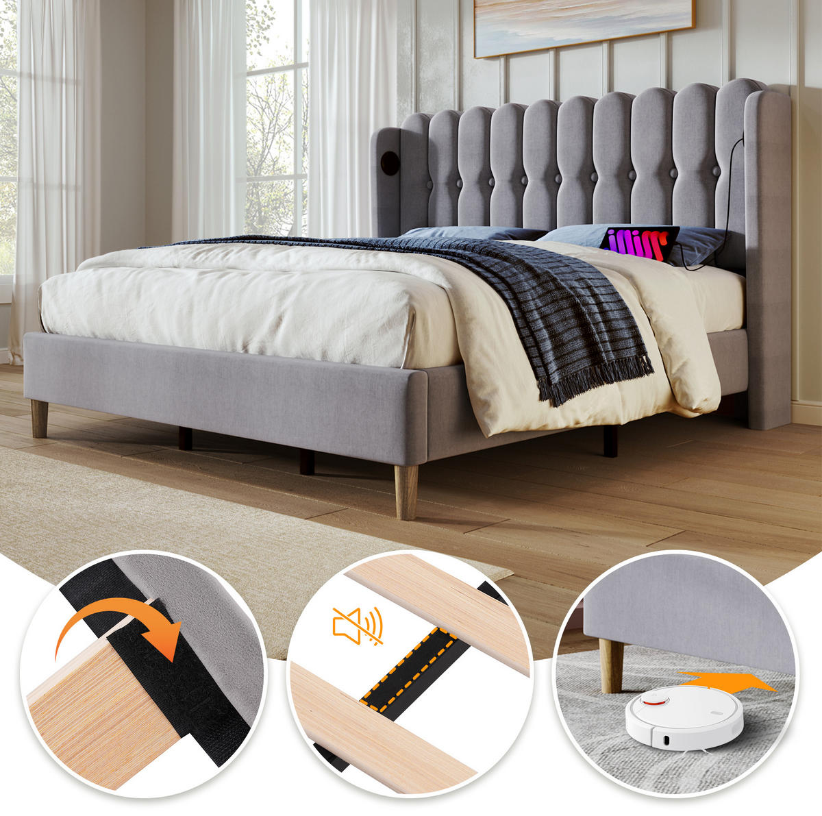 TAPECIRANI krevet 160/200 cm sivi od lana s madracem i USB Type-C punjenjem - siva, tekstil (160/200cm) - OKWISH