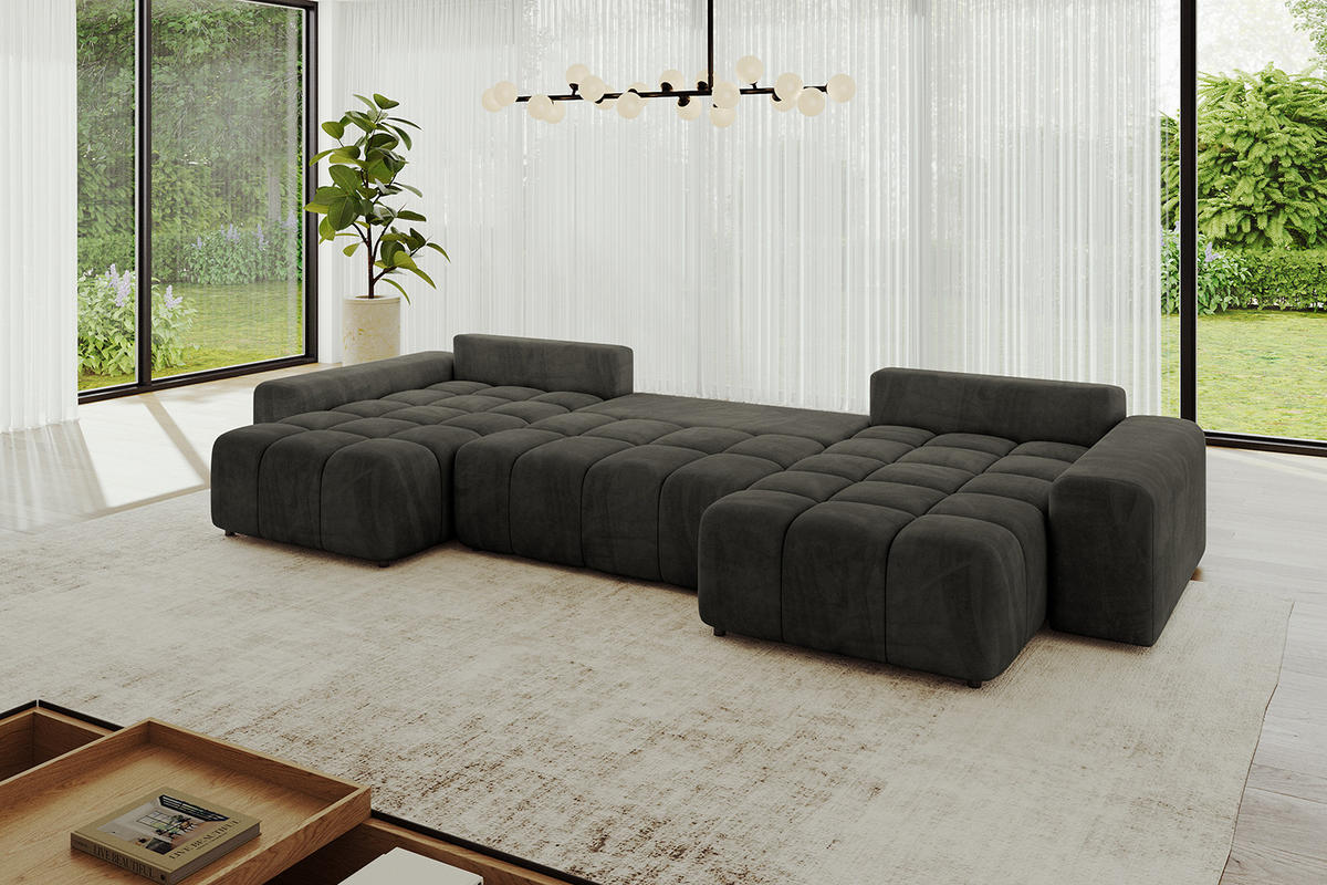 WOHNLANDSCHAFT ENIL-U 390x175x84 Schwarz Velours - Schwarz, Holzwerkstoff/Kunststoff (390/84/175cm) - ALTDECOR