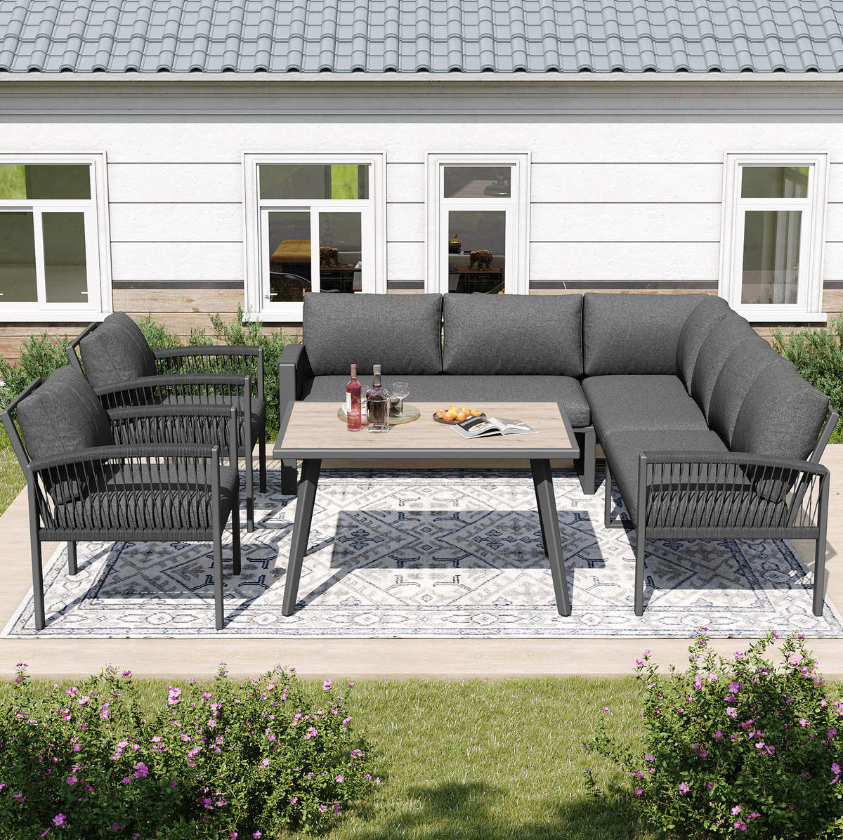 VRTNI lounge set za 8 osoba 234/69/86 cm sivi od metala, poliestera i drva s užetom i podesivim nogicama - siva, metal - OKWISH