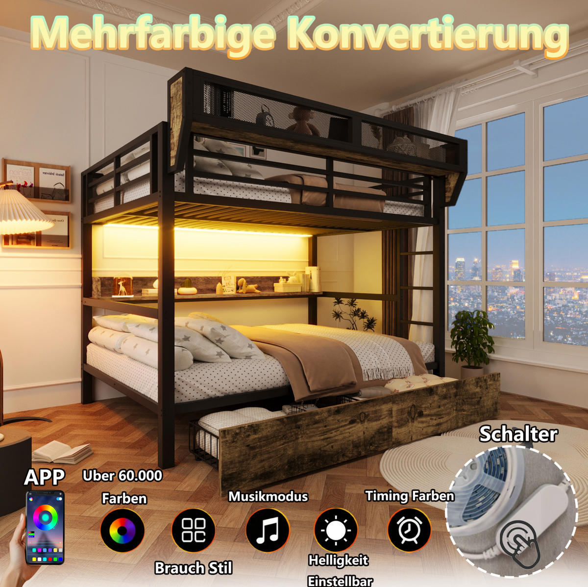 ETAGENBETT 140/200 cm aus Metall und MDF mit LED-Licht und Stauraum Schwarz - Schwarz, Holzwerkstoff (140/200cm) - Modenvie