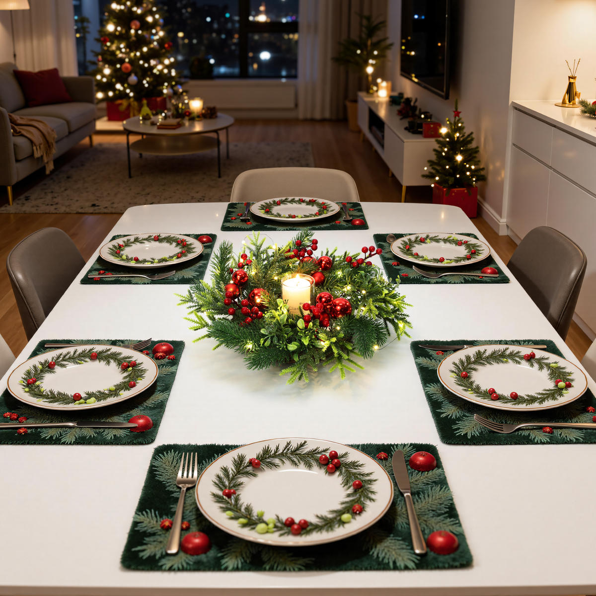 WEIHNACHTSKRANZ Ø40cm mit Beeren & Kugeln, 30 LEDs mit Timer - Dunkelgrün, Naturmaterialien (40cm) - Hometopia