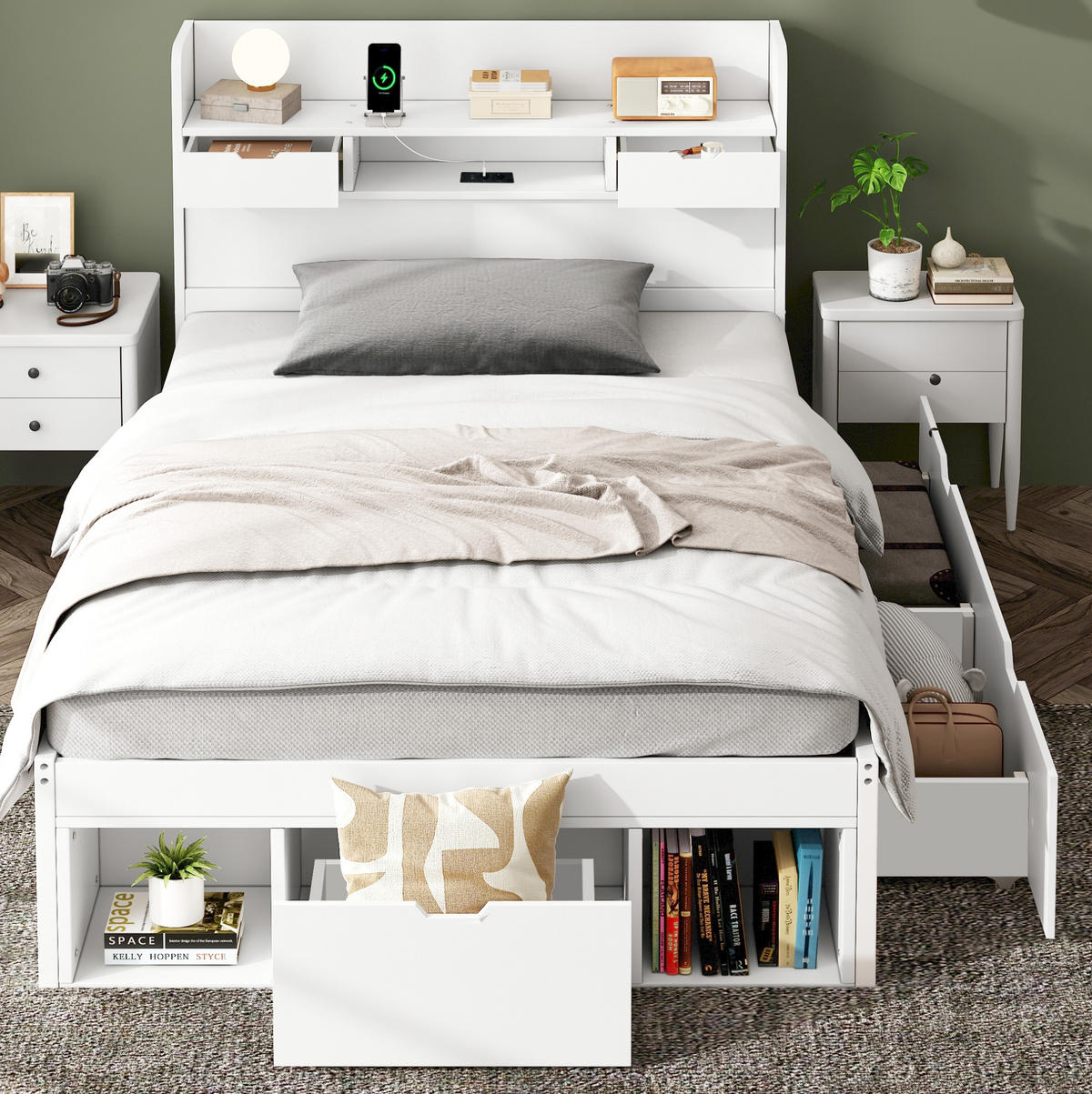 DETSKÁ posteľ 90/190 cm biela s USB, zásuvkami a úložným priestorom z MDF - biela, kompozitné drevo (90/190cm) - OKWISH