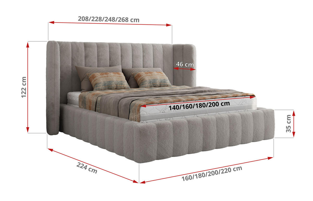 POLSTERBETT GOLETTA CLASSIC 200/200 - Hellgrau Plüsch - Multipocket-Matratze - Hellgrau, Textil (200/200cm) - MKS