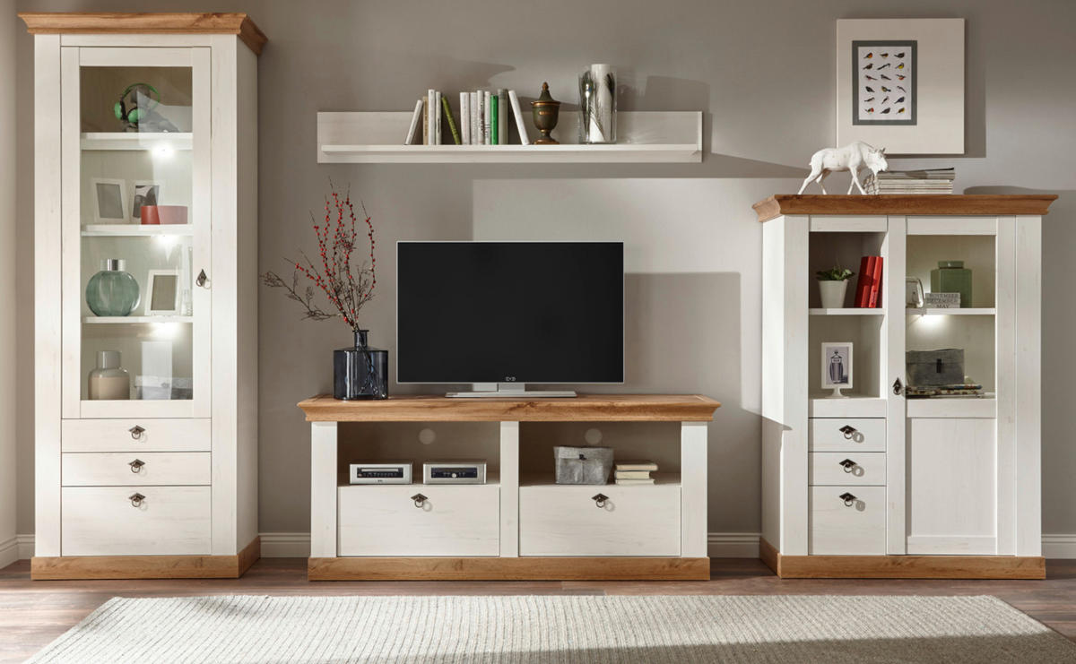 WOHNWAND Pinie weiß, Eiche Wotan 4-teilig 356 cm, Wohnkombination im Landhaus-Stil - Silberfarben/Eiche Wotan, Glas/Holzwerkstoff (356/204/52cm) - Furn.Design