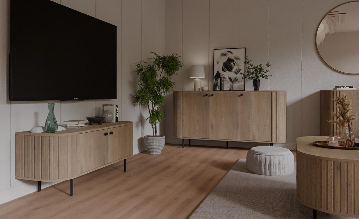 TV-SCHRANK Olivia 123 cm, mit 2 Türen, geriffeltem Design, eiche sonoma, schwarzfarbenen Metallfüßen - Sonoma Eiche, Metall (123/50/43cm) - Margaret Hadas24