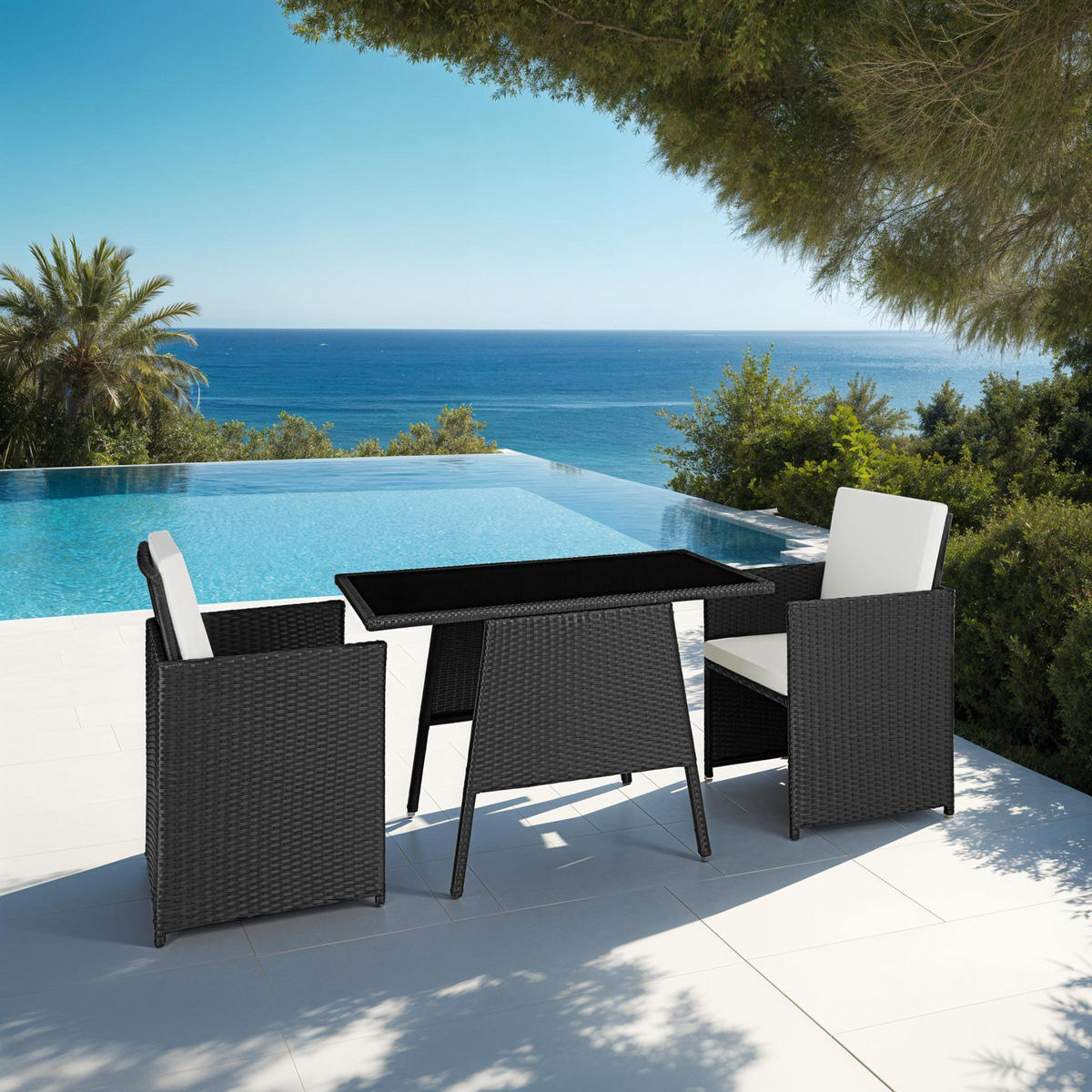 RATTAN SITZGRUPPE Lausanne,zusammenschiebbar,schwarz - Schwarz, Kunststoff - tectake