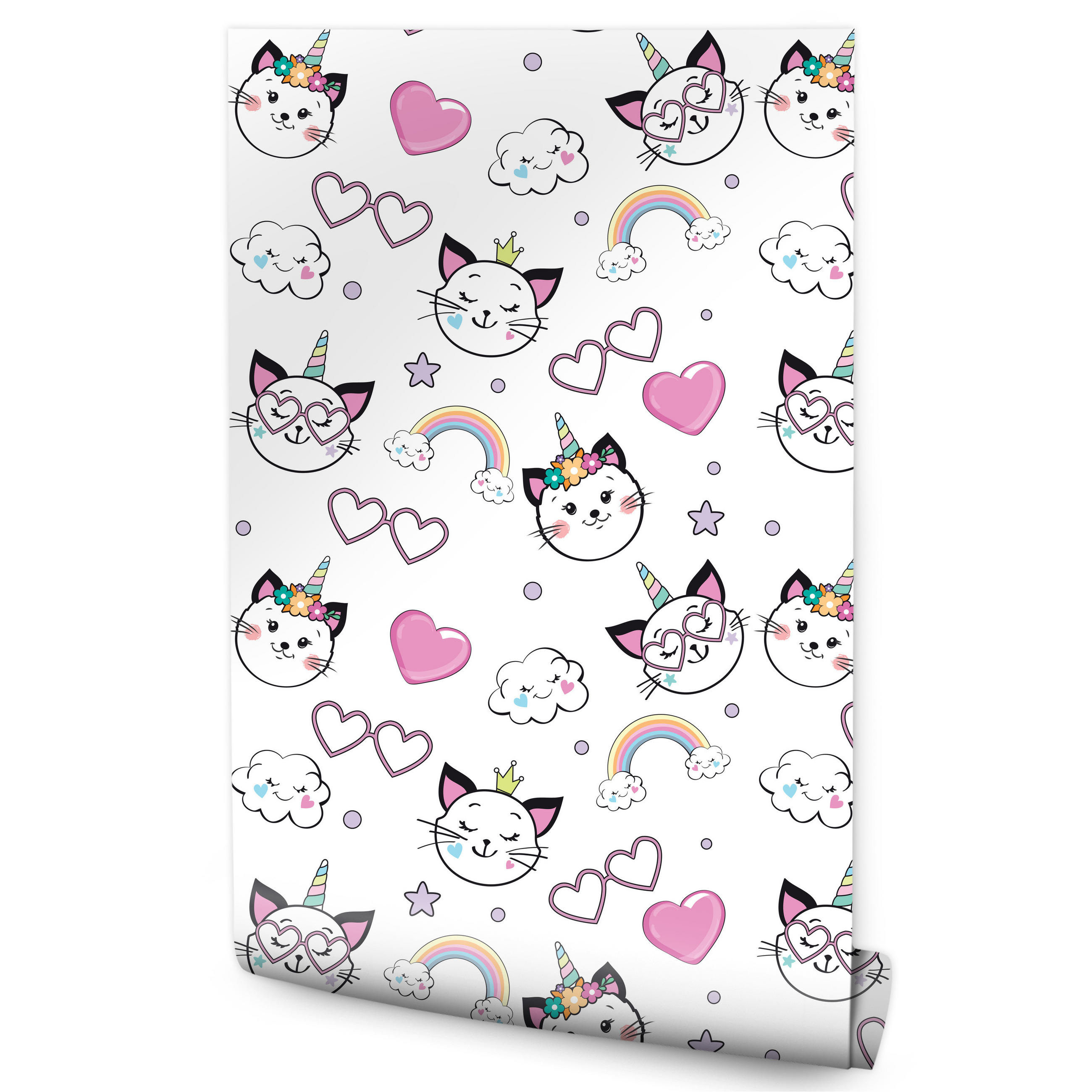 VLIESTAPETE Katzen, Regenbogen und Herzen – Rosa, Schwarz, Weiß – 50x1000 cm - Schwarz/Rosa, Papier (50/1000cm) - Muralo