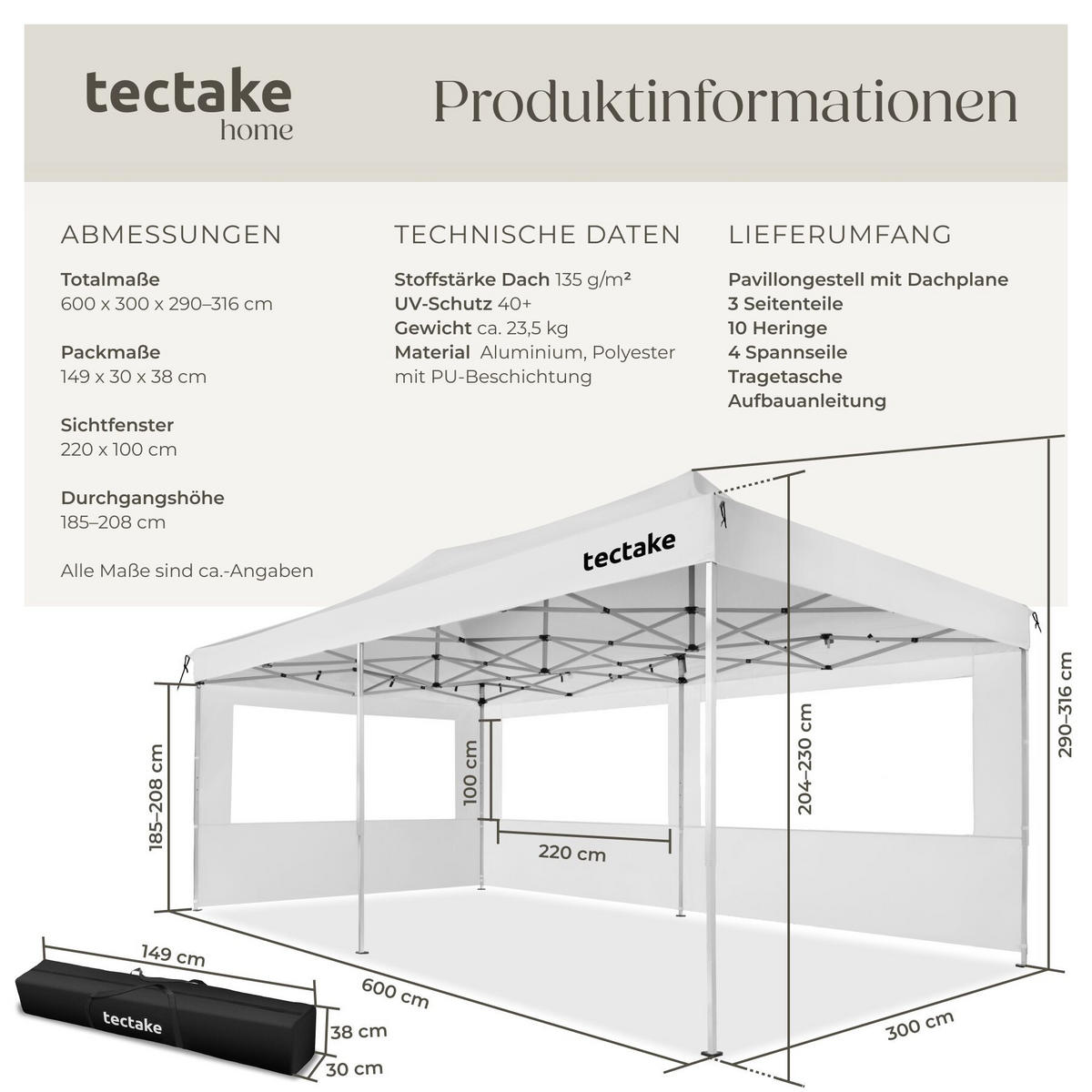 FALTPAVILLON aus Aluminium Viola, inklusive Spannseilen, Heringen und Tragetasche, weiß - Weiß, Kunststoff (300/316/600cm) - tectake