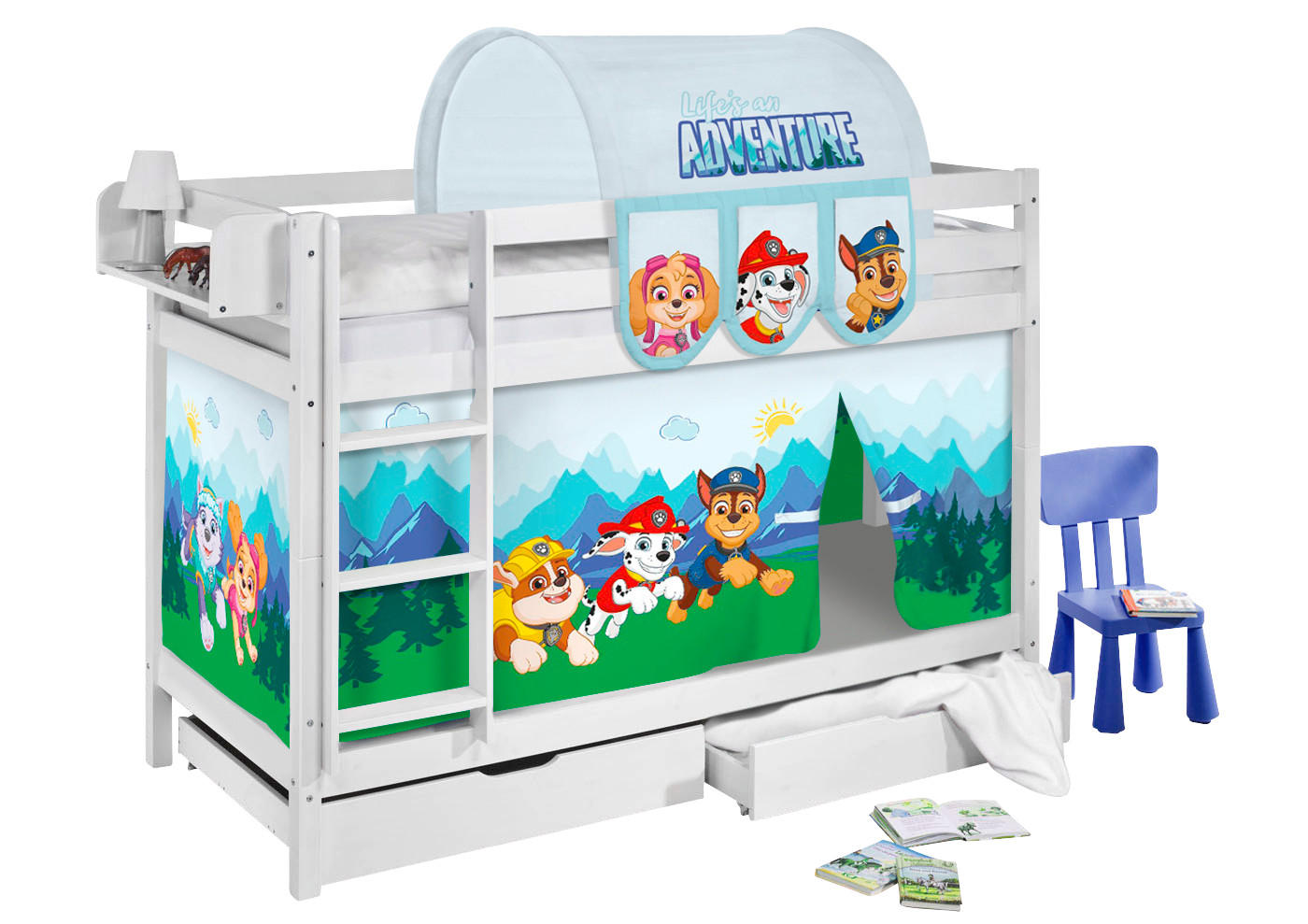 ETAGENBETT JELLE 90x200 cm Paw Patrol blau inkl. Vorhang und 2 Lattenrosten - Weiß, Holz - Lilokids