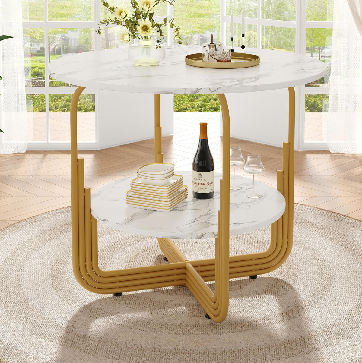 ESSTISCH rund, MDF-Marmoroptik mit Ablagefläche, 80/80/76 cm, Gold - Goldfarben, Holzwerkstoff (80/80/76cm) - Redom