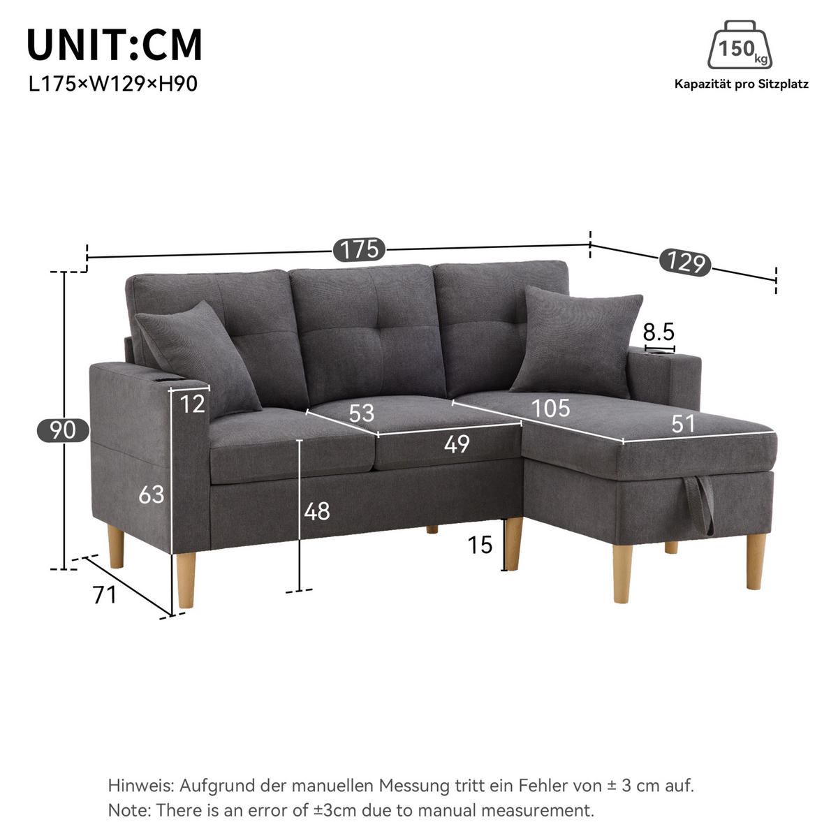 ECKSOFA 175/129/90 cm dunkelgrau aus Baumwoll-Leinen mit Stauraum - Dunkelgrau, Textil (175/129cm) - OKWISH